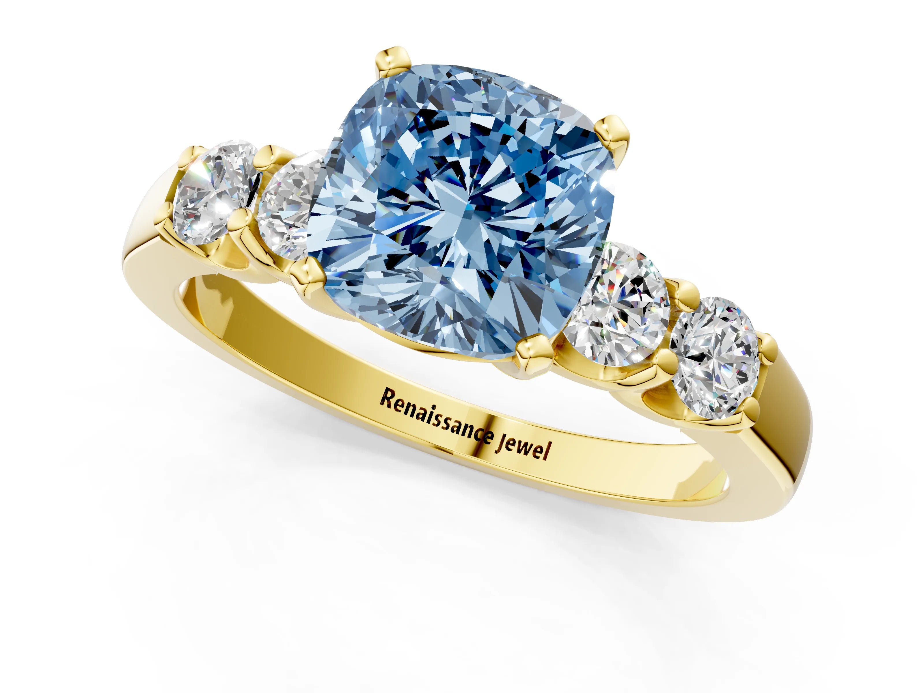 Yellow gold Fancy Blue Cushion Cut Brilliant Diamond Five-Stone Engagement Ring with Prong Setting on a Classic Band_4