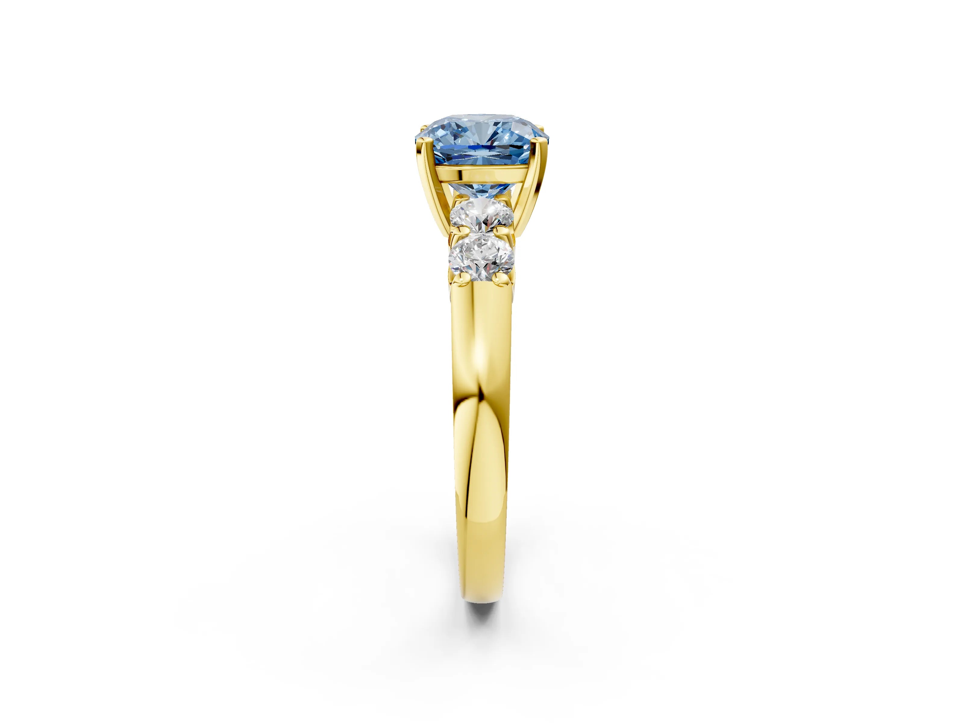 Yellow gold Fancy Blue Cushion Cut Brilliant Diamond Five-Stone Engagement Ring with Prong Setting on a Classic Band_5