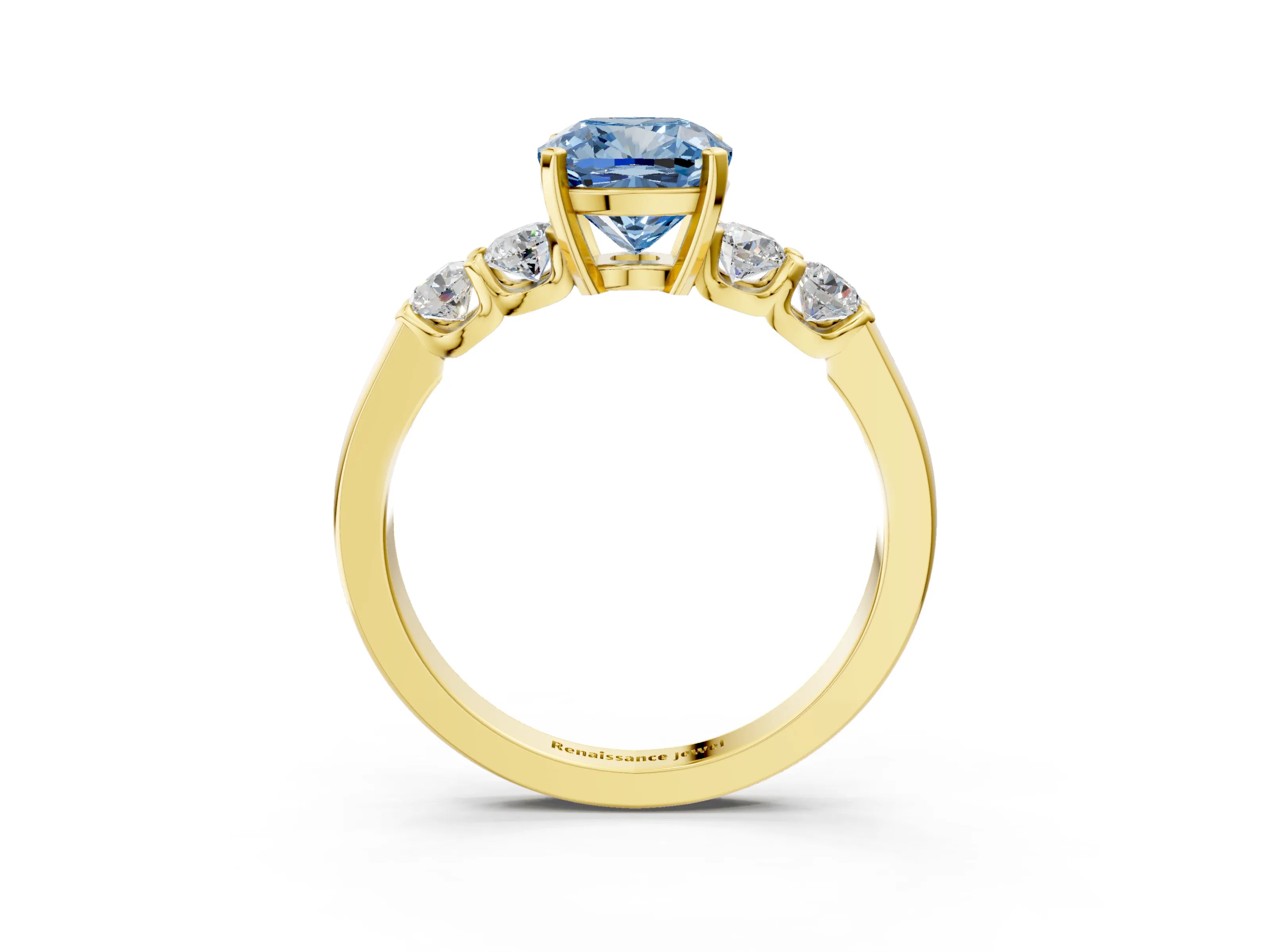 Yellow gold Fancy Blue Cushion Cut Brilliant Diamond Five-Stone Engagement Ring with Prong Setting on a Classic Band_6