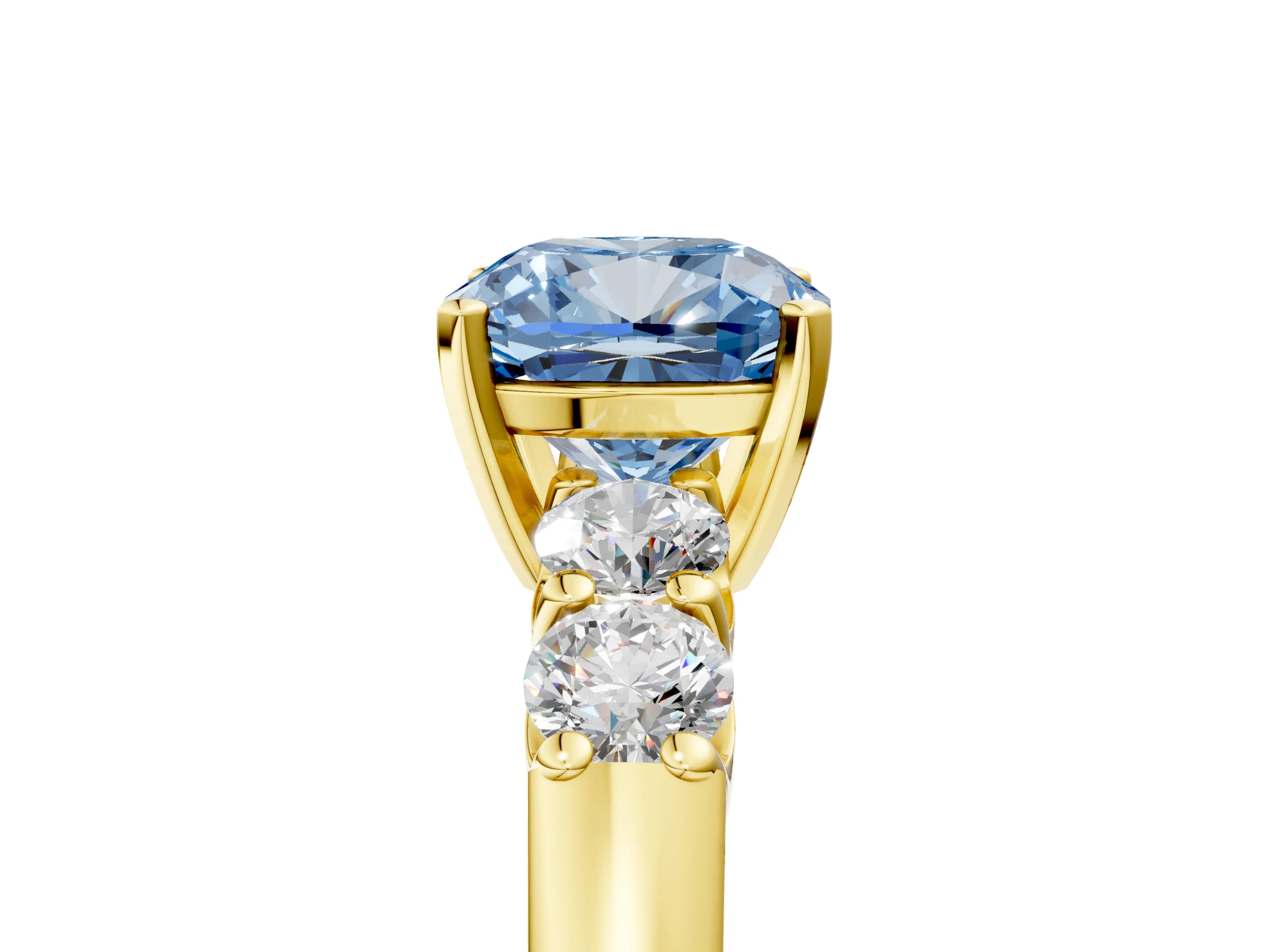 Yellow gold Fancy Blue Cushion Cut Brilliant Diamond Five-Stone Engagement Ring with Prong Setting on a Classic Band_8