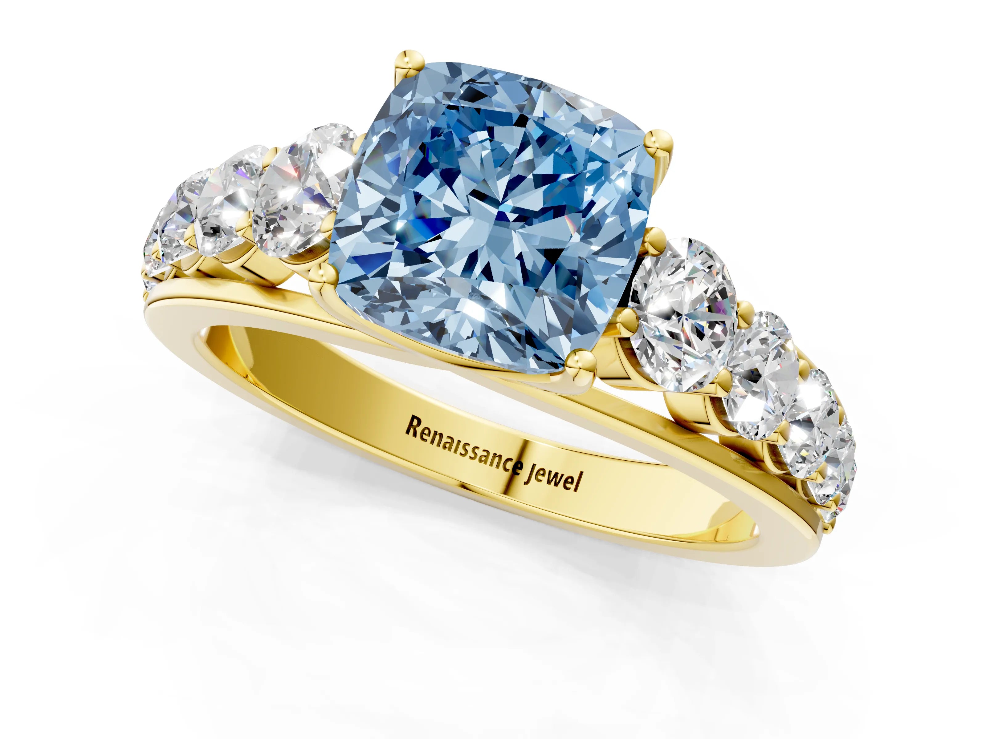 Yellow gold Fancy Blue Cushion Cut Brilliant Diamond Pavé Band with Six-Prong Setting_1