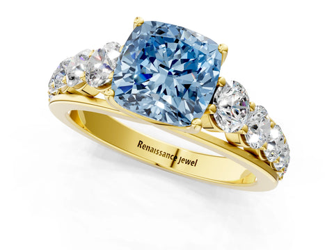Yellow gold Fancy Blue Cushion Cut Brilliant Diamond Pavé Band with Six-Prong Setting_1
