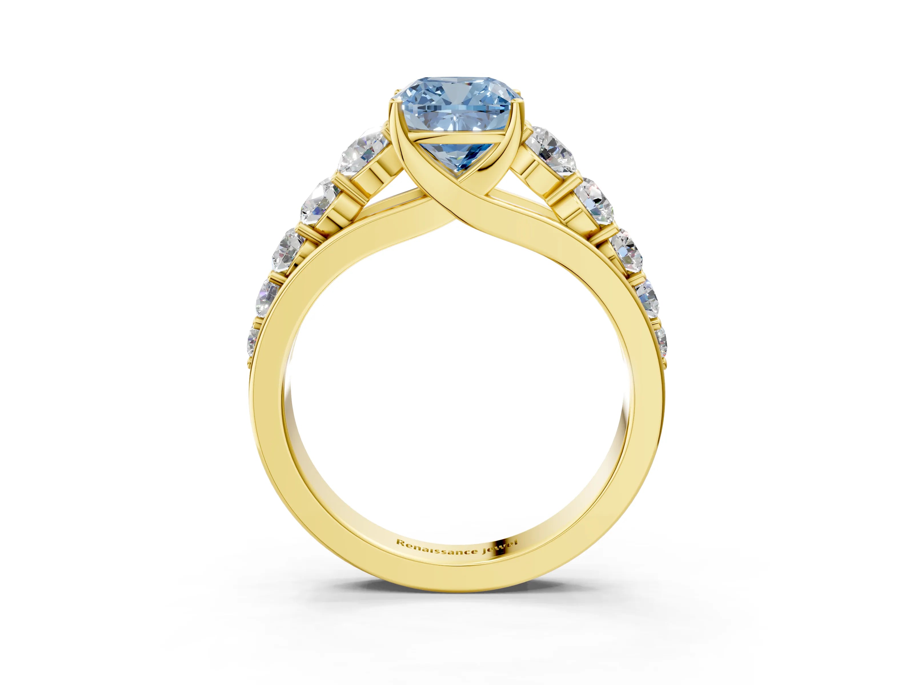 Yellow gold Fancy Blue Cushion Cut Brilliant Diamond Pavé Band with Six-Prong Setting_3