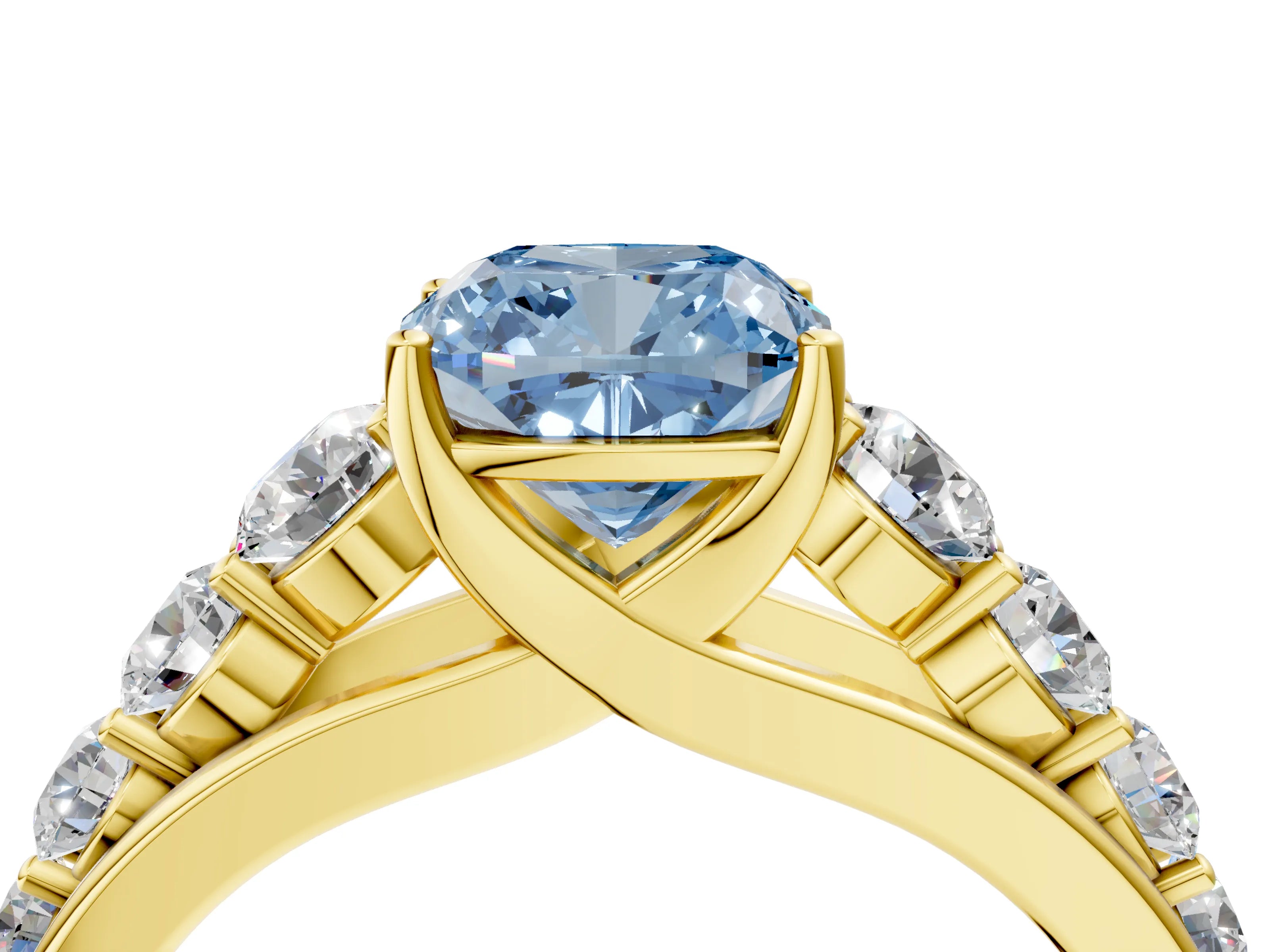 Yellow gold Fancy Blue Cushion Cut Brilliant Diamond Pavé Band with Six-Prong Setting_4