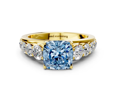 Yellow gold Fancy Blue Cushion Cut Brilliant Diamond Pavé Band with Six-Prong Setting
