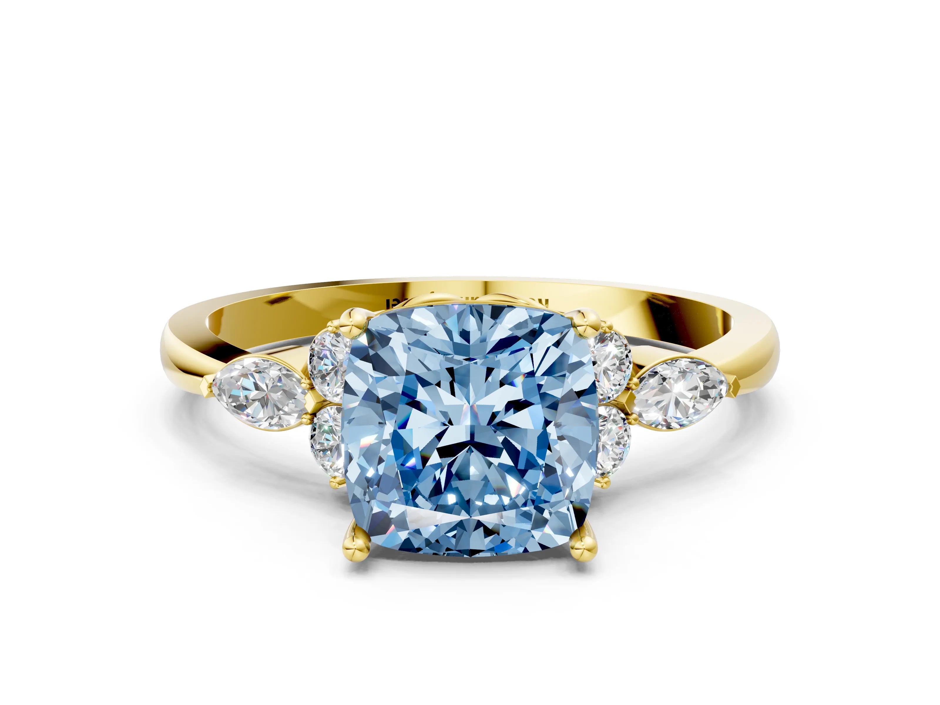 Yellow gold Fancy Blue Cushion Cut Brilliant Diamond Solitaire Ring with Pear Side Stones and Four-Prong Setting_3