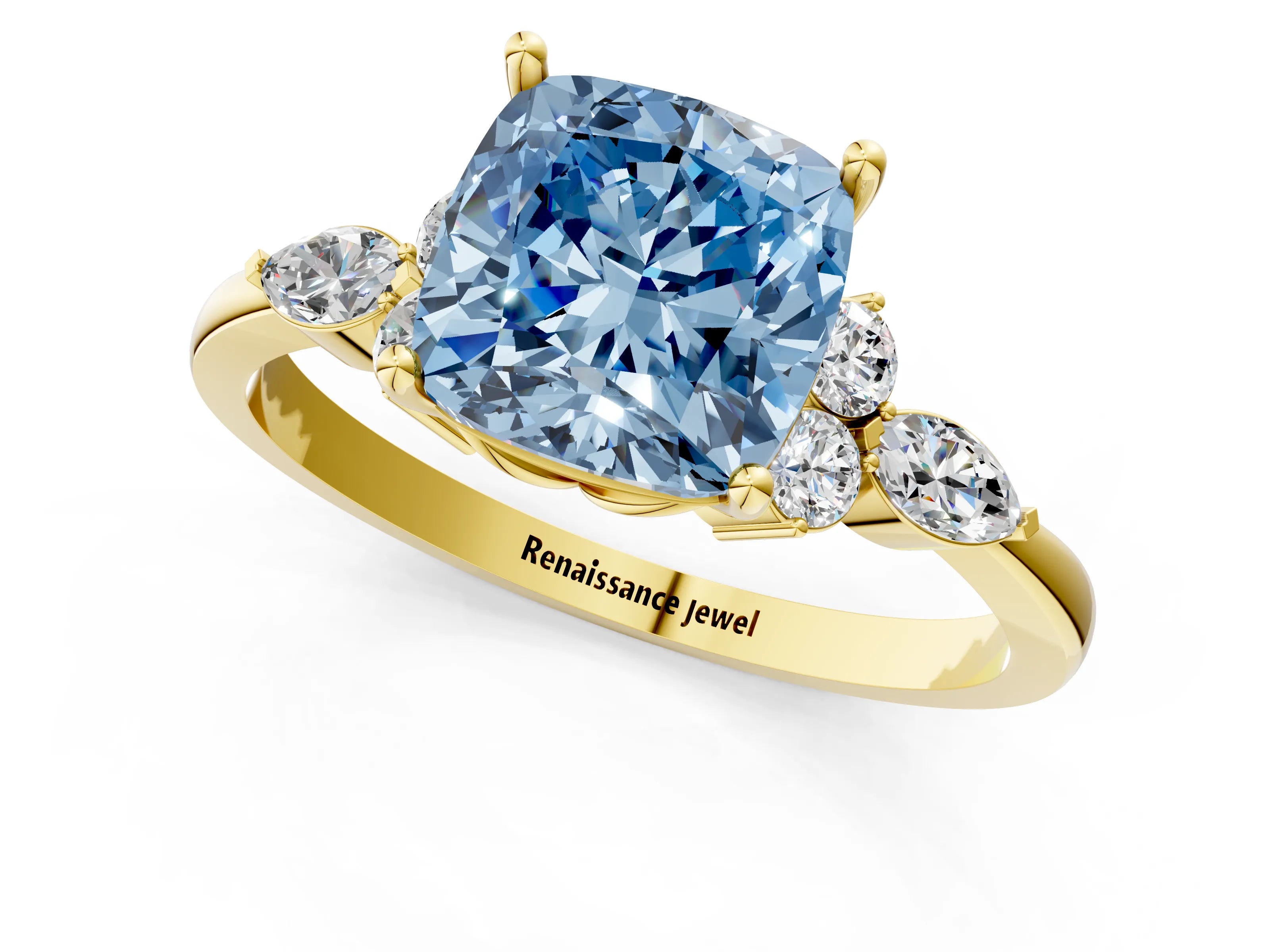 Yellow gold Fancy Blue Cushion Cut Brilliant Diamond Solitaire Ring with Pear Side Stones and Four-Prong Setting_4