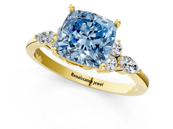 Yellow gold Fancy Blue Cushion Cut Brilliant Diamond Solitaire Ring with Pear Side Stones and Four-Prong Setting