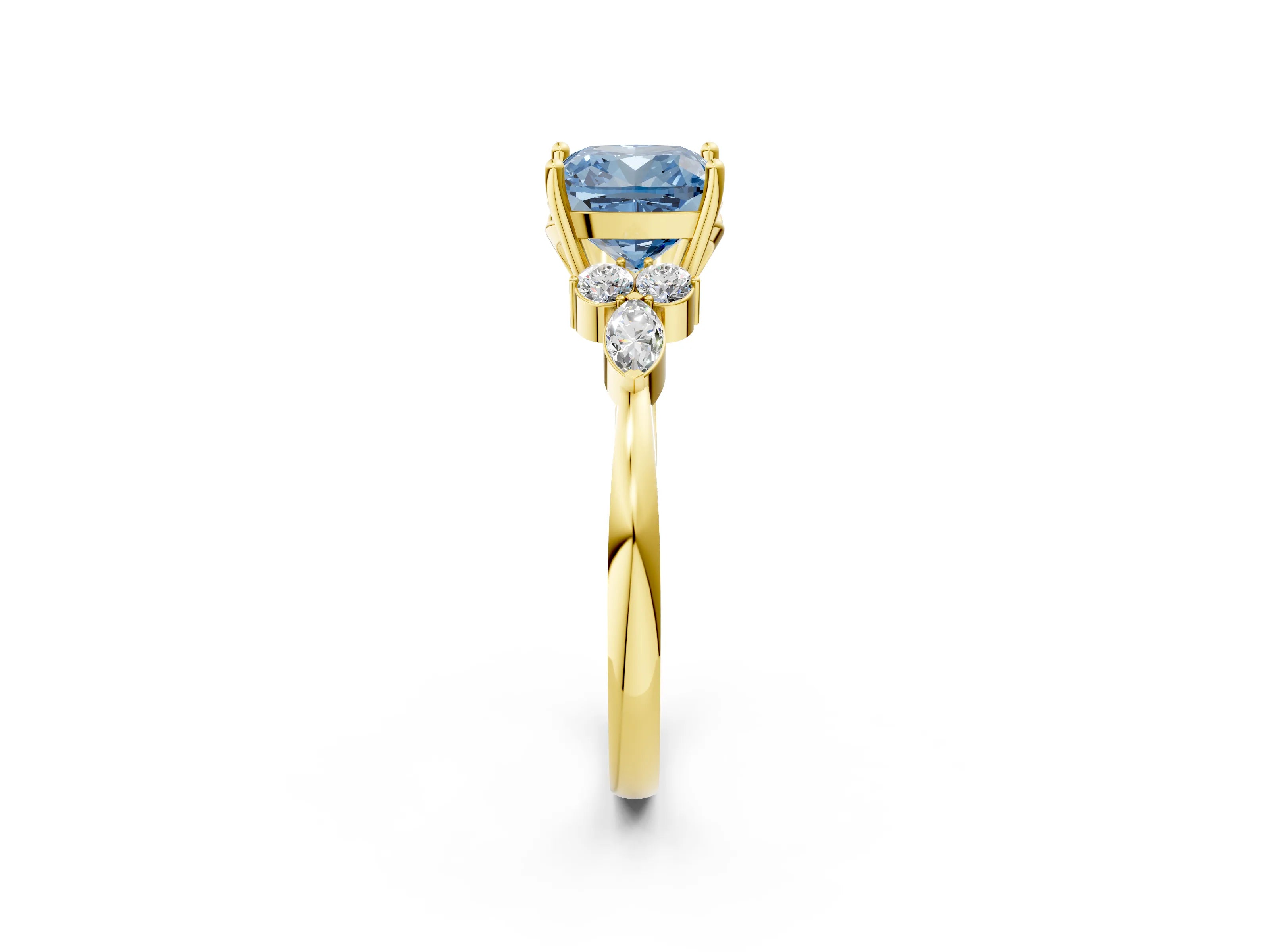 Yellow gold Fancy Blue Cushion Cut Brilliant Diamond Solitaire Ring with Pear Side Stones and Four-Prong Setting_5