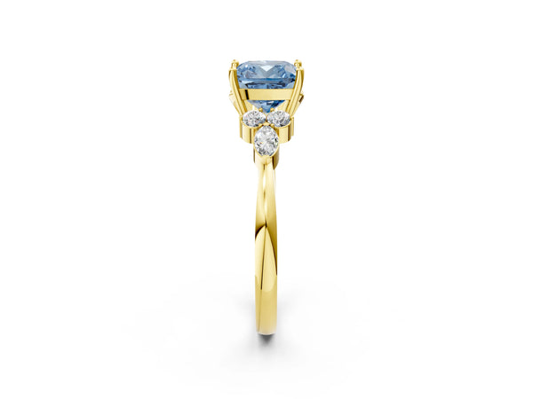 Yellow gold Fancy Blue Cushion Cut Brilliant Diamond Solitaire Ring with Pear Side Stones and Four-Prong Setting