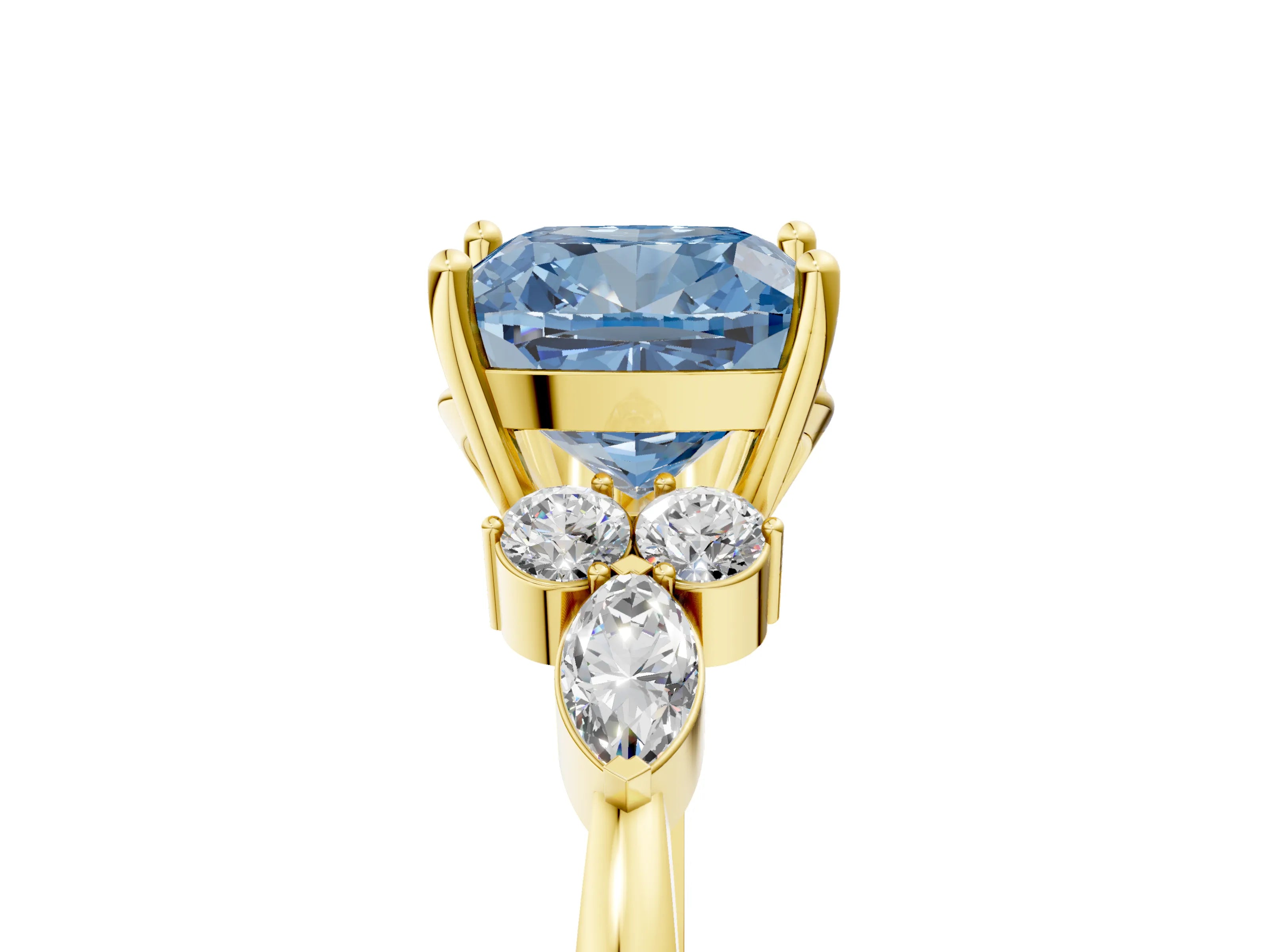 Yellow gold Fancy Blue Cushion Cut Brilliant Diamond Solitaire Ring with Pear Side Stones and Four-Prong Setting_8
