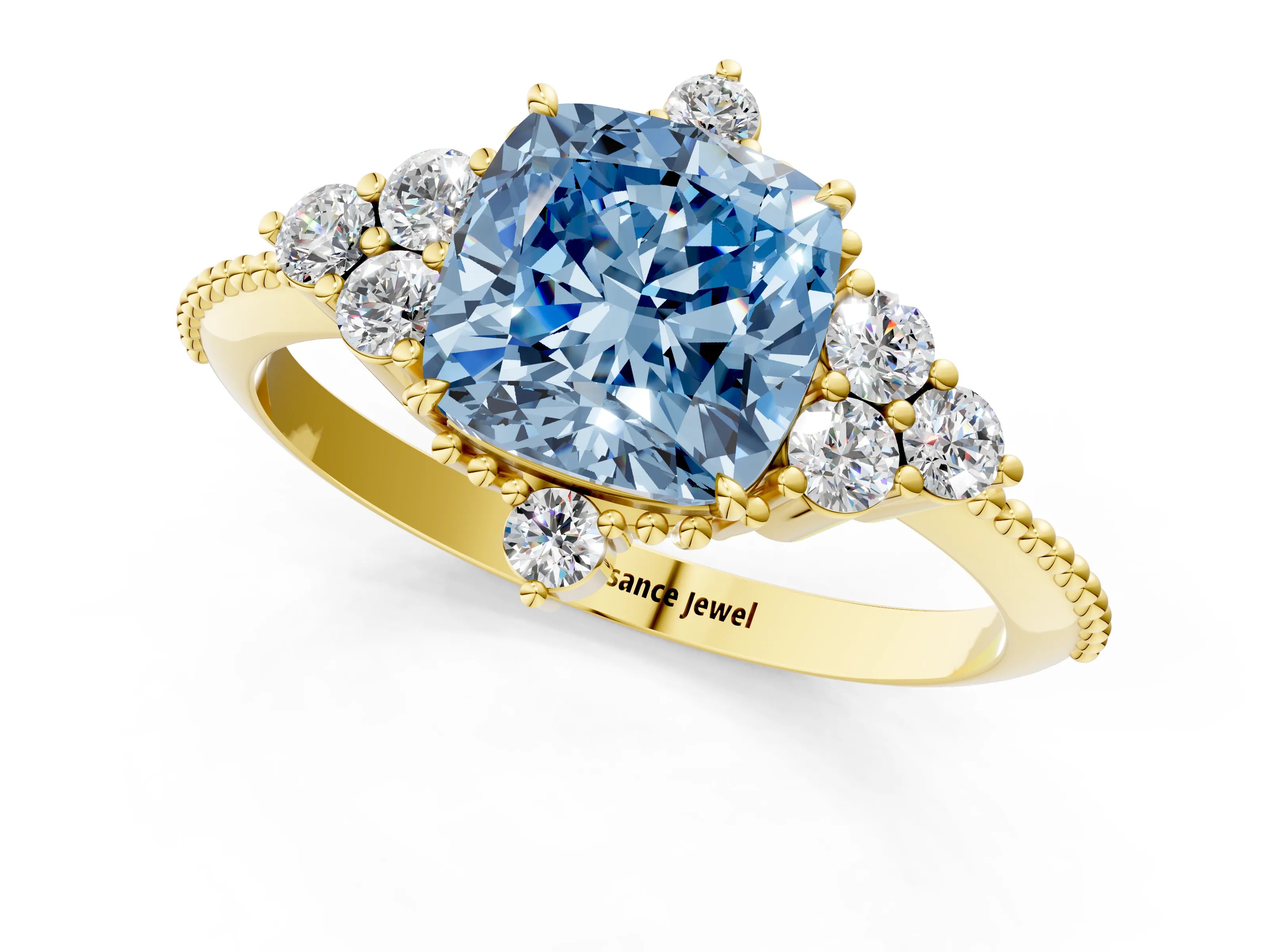 Yellow gold Fancy Blue Cushion Cut Brilliant Diamond with Cluster Setting on a Beaded Band and Four-Prong Setting_1