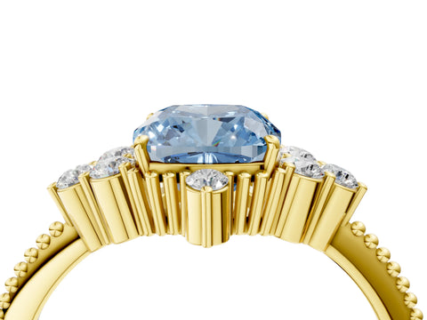 Yellow gold Fancy Blue Cushion Cut Brilliant Diamond with Cluster Setting on a Beaded Band and Four-Prong Setting_4