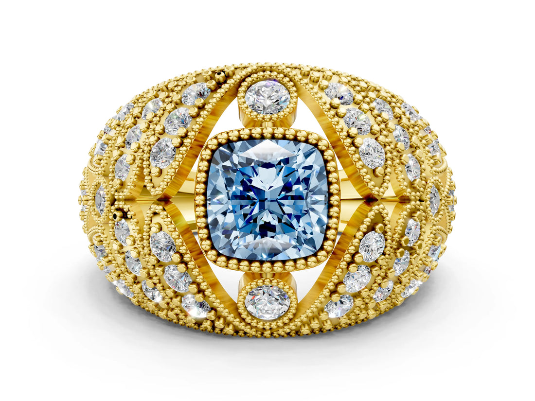 Yellow gold Fancy Blue Cushion Cut Brilliant Halo Pave Diamond Milgrain Ring