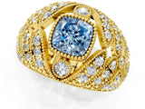 Yellow gold Fancy Blue Cushion Cut Brilliant Halo Pave Diamond Milgrain Ring_1
