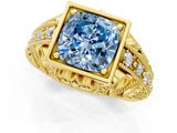 Yellow gold Fancy Blue Cushion Cut Brilliant Milgrain Filigree Diamond Ring with Square Prong Setting_7