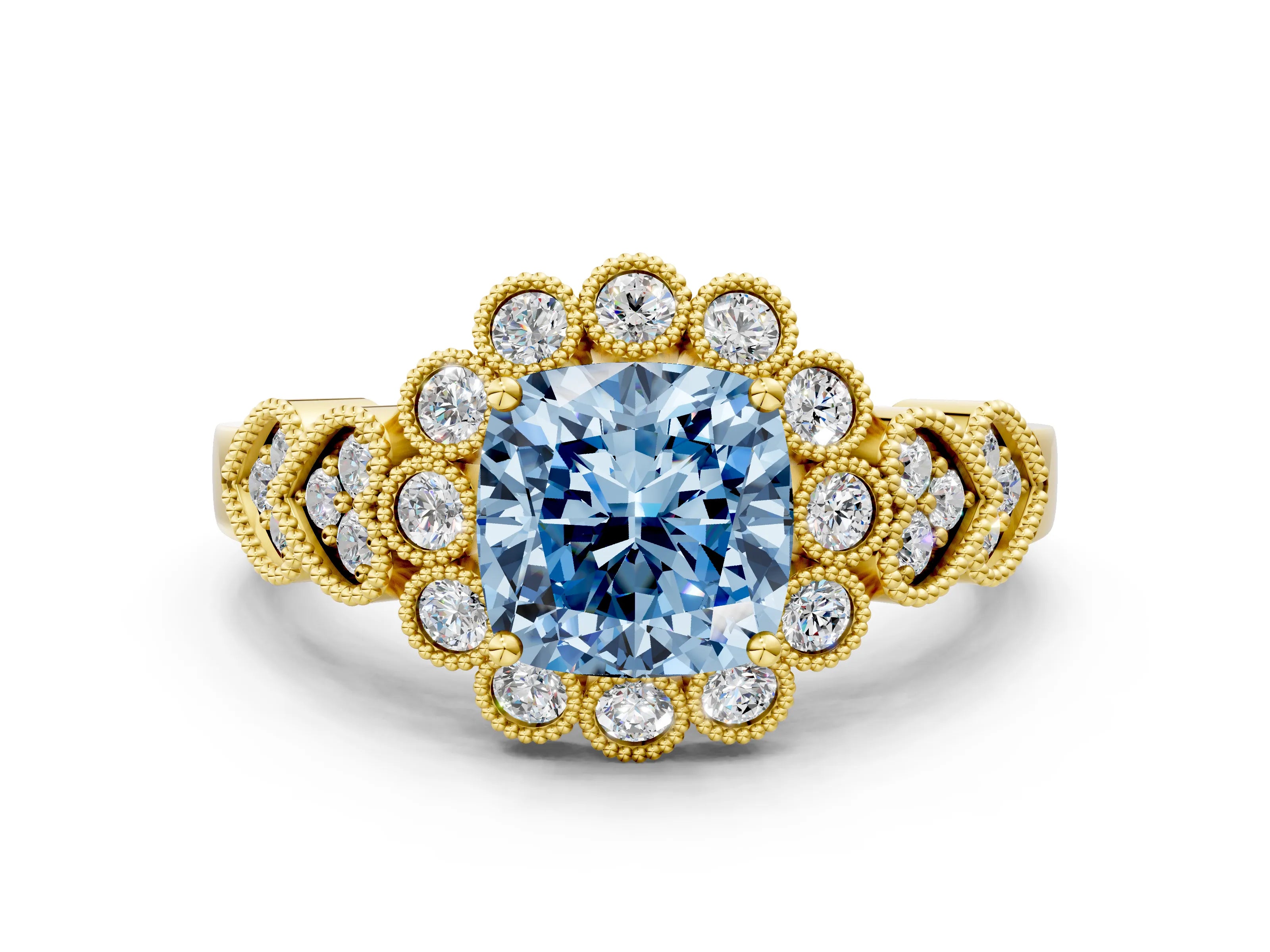 Yellow gold Fancy Blue Cushion Cut Brilliant Milgrain Pave Heart Band Solitaire Ring