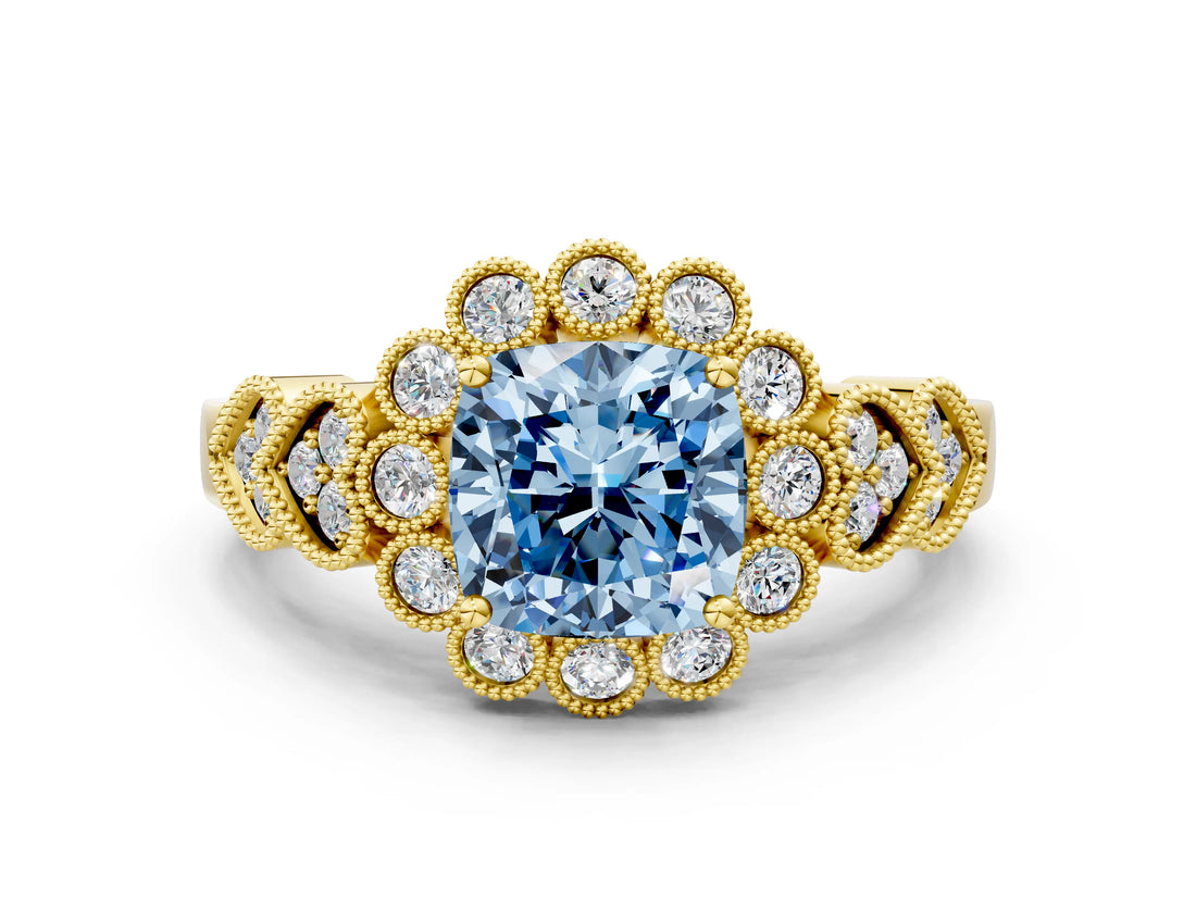 Yellow gold Fancy Blue Cushion Cut Brilliant Milgrain Pave Heart Band Solitaire Ring