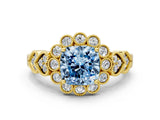 Yellow gold Fancy Blue Cushion Cut Brilliant Milgrain Pave Heart Band Solitaire Ring