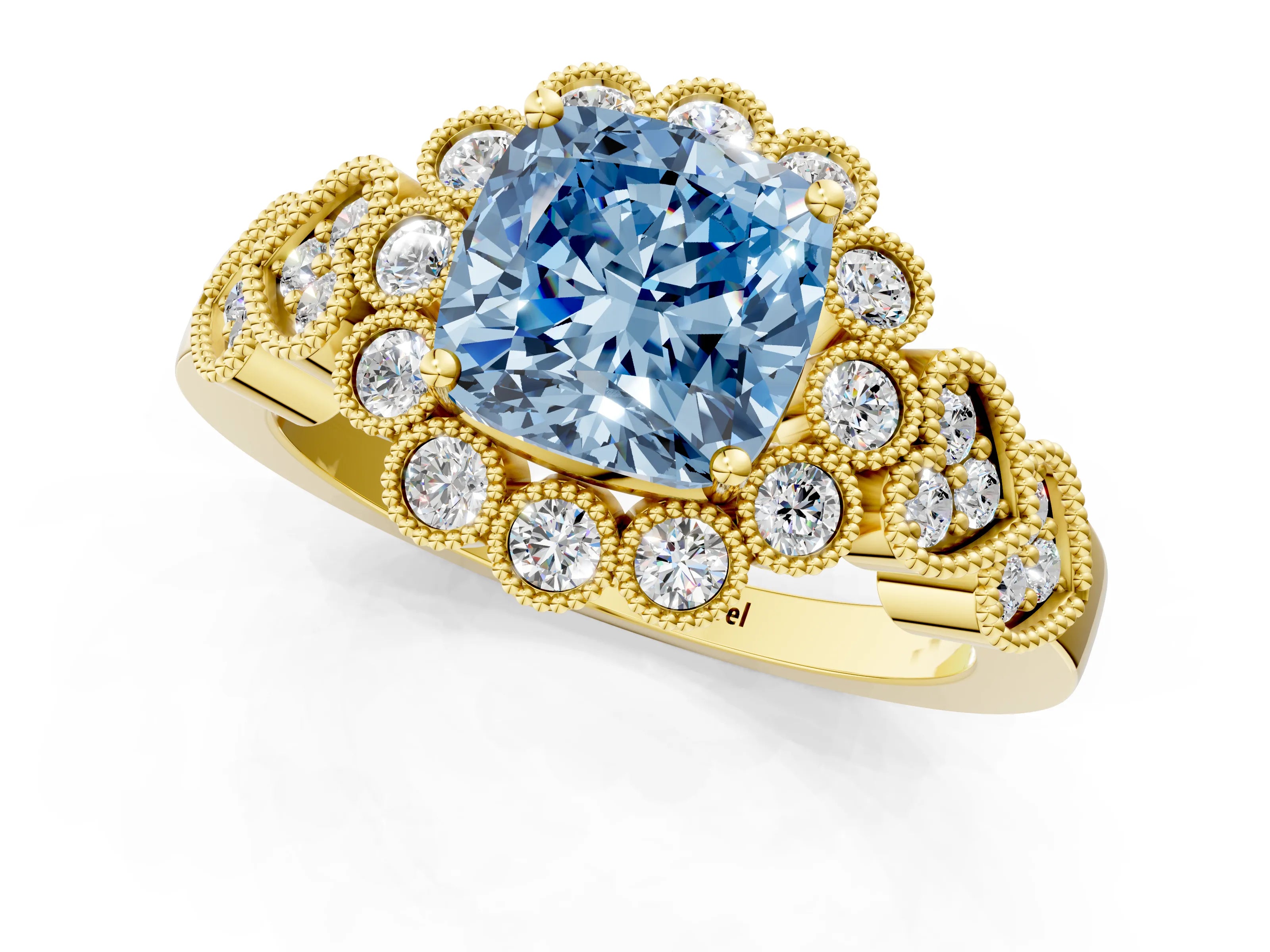 Yellow gold Fancy Blue Cushion Cut Brilliant Milgrain Pave Heart Band Solitaire Ring_1
