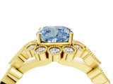 Yellow gold Fancy Blue Cushion Cut Brilliant Milgrain Pave Heart Band Solitaire Ring_4