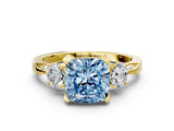 Yellow gold Fancy Blue Cushion Cut Brilliant Three-Stone Diamond Ring with Pavé Band and Four-Prong Setting_3