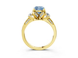 Yellow gold Fancy Blue Cushion Cut Brilliant Three-Stone Diamond Ring with Pavé Band and Four-Prong Setting_6