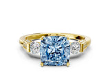Yellow gold Fancy Blue Cushion Cut Brilliant Three-Stone Pave Band with Four-Prong Setting