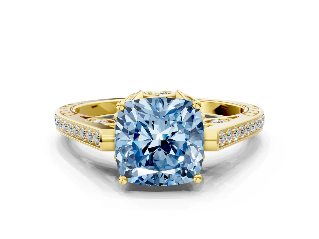 Yellow gold Fancy Blue Cushion  Cut Cathedral Pave Diamond Engagement Ring with Six-Prong Setting_32