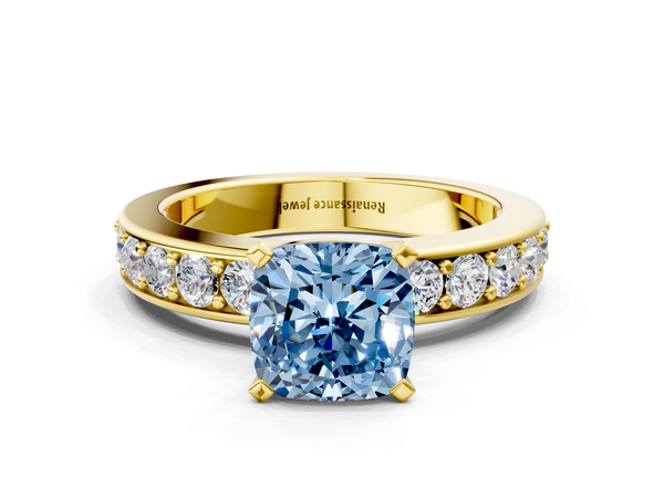 Yellow gold Fancy Blue Cushion  Cut Channel Set Diamond Engagement Ring with Four-Prong Setting