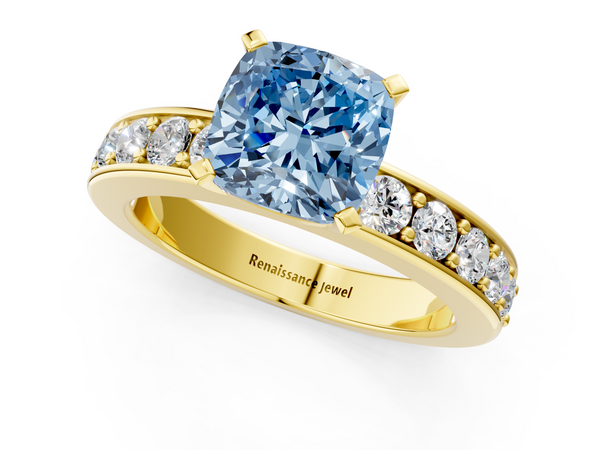 Yellow gold Fancy Blue Cushion  Cut Channel Set Diamond Engagement Ring with Four-Prong Setting