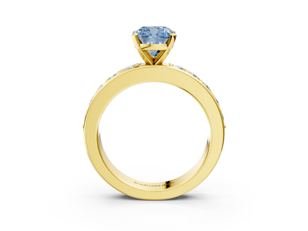 Yellow gold Fancy Blue Cushion  Cut Channel Set Diamond Engagement Ring with Four-Prong Setting