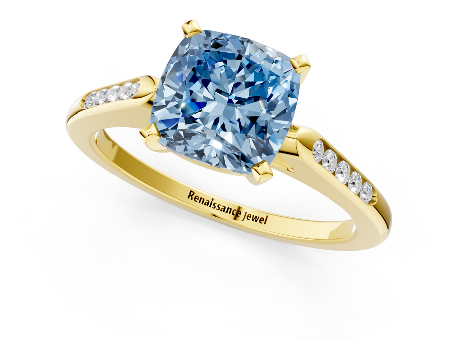 Yellow gold Fancy Blue Cushion  Cut Channel Set Solitaire Engagement Ring with Four-Prong Setting