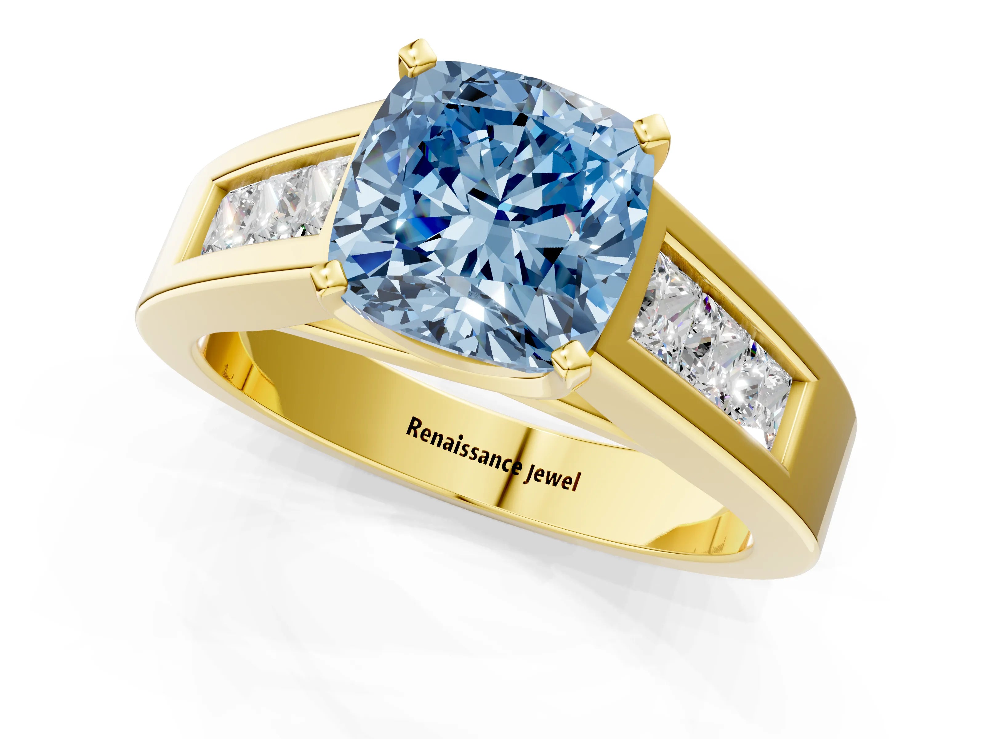 Yellow gold Fancy Blue Cushion Cut Cut Channel Set Solitaire Ring with Four-Prong Setting_1