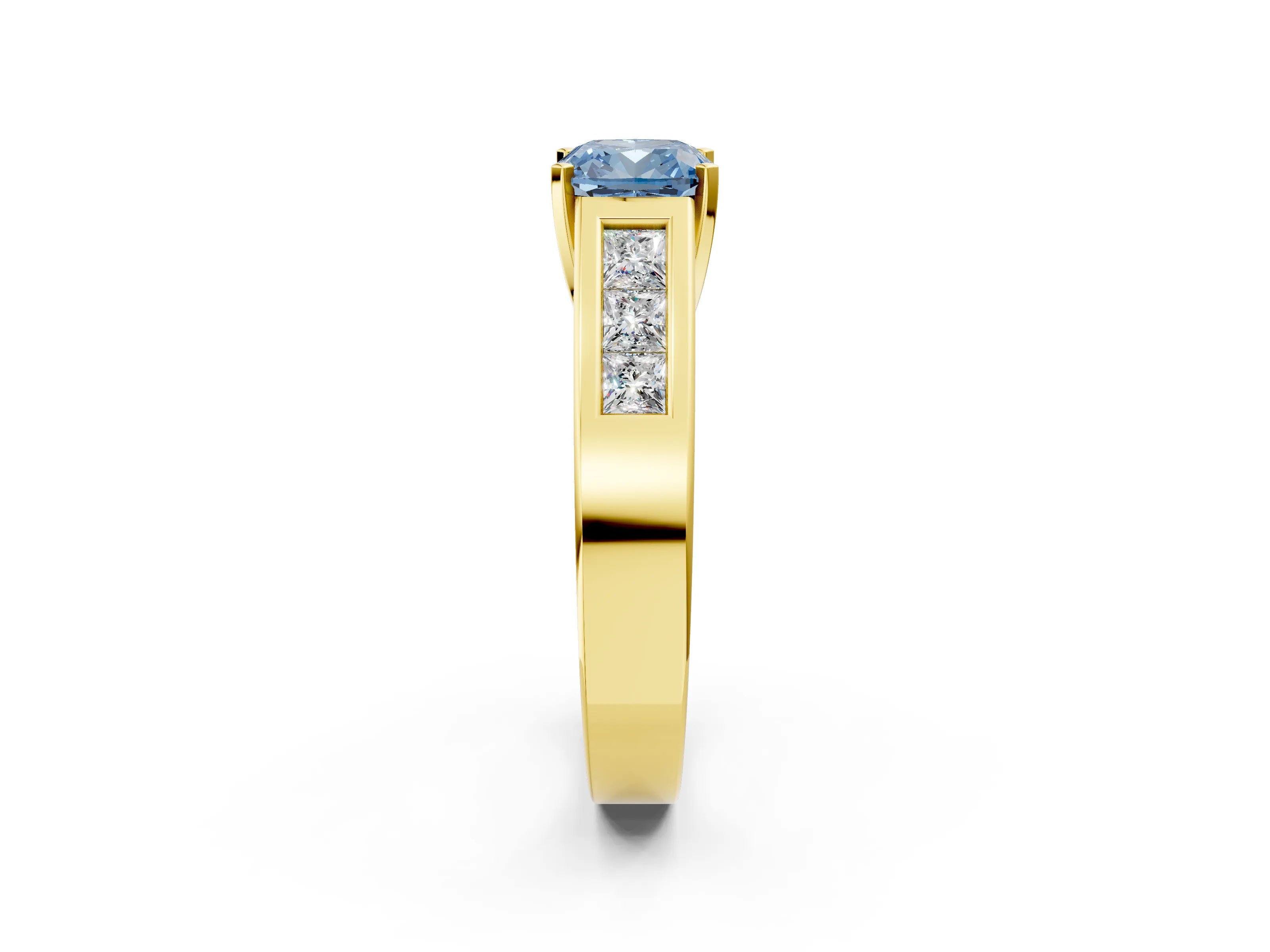 Yellow gold Fancy Blue Cushion Cut Cut Channel Set Solitaire Ring with Four-Prong Setting_2