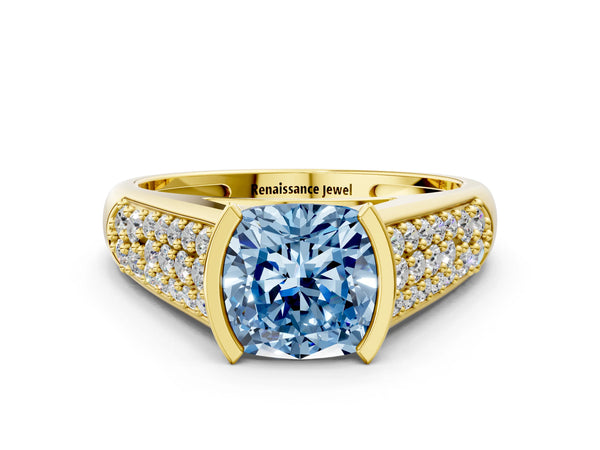 Yellow gold Fancy Blue Cushion Cut Diamond Channel Set Pave Band with Tension Prong Setting