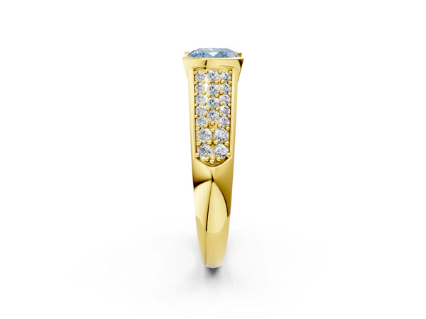 Yellow gold Fancy Blue Cushion Cut Diamond Channel Set Pave Band with Tension Prong Setting