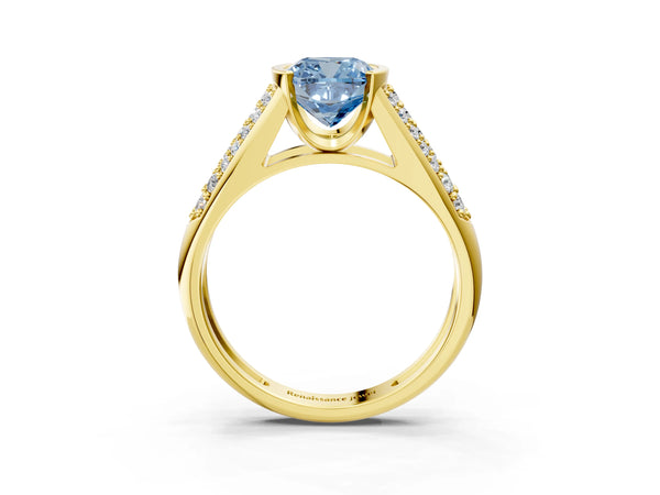Yellow gold Fancy Blue Cushion Cut Diamond Channel Set Pave Band with Tension Prong Setting