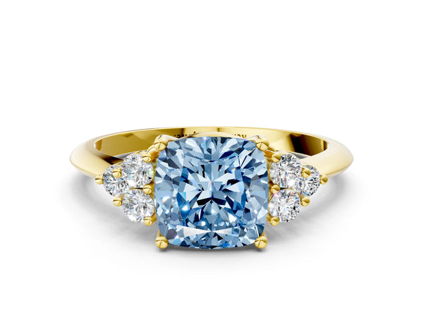 Yellow gold Fancy Blue Cushion Cut Cut Diamond Cluster Ring with Solitaire Band and Four-Prong Setting