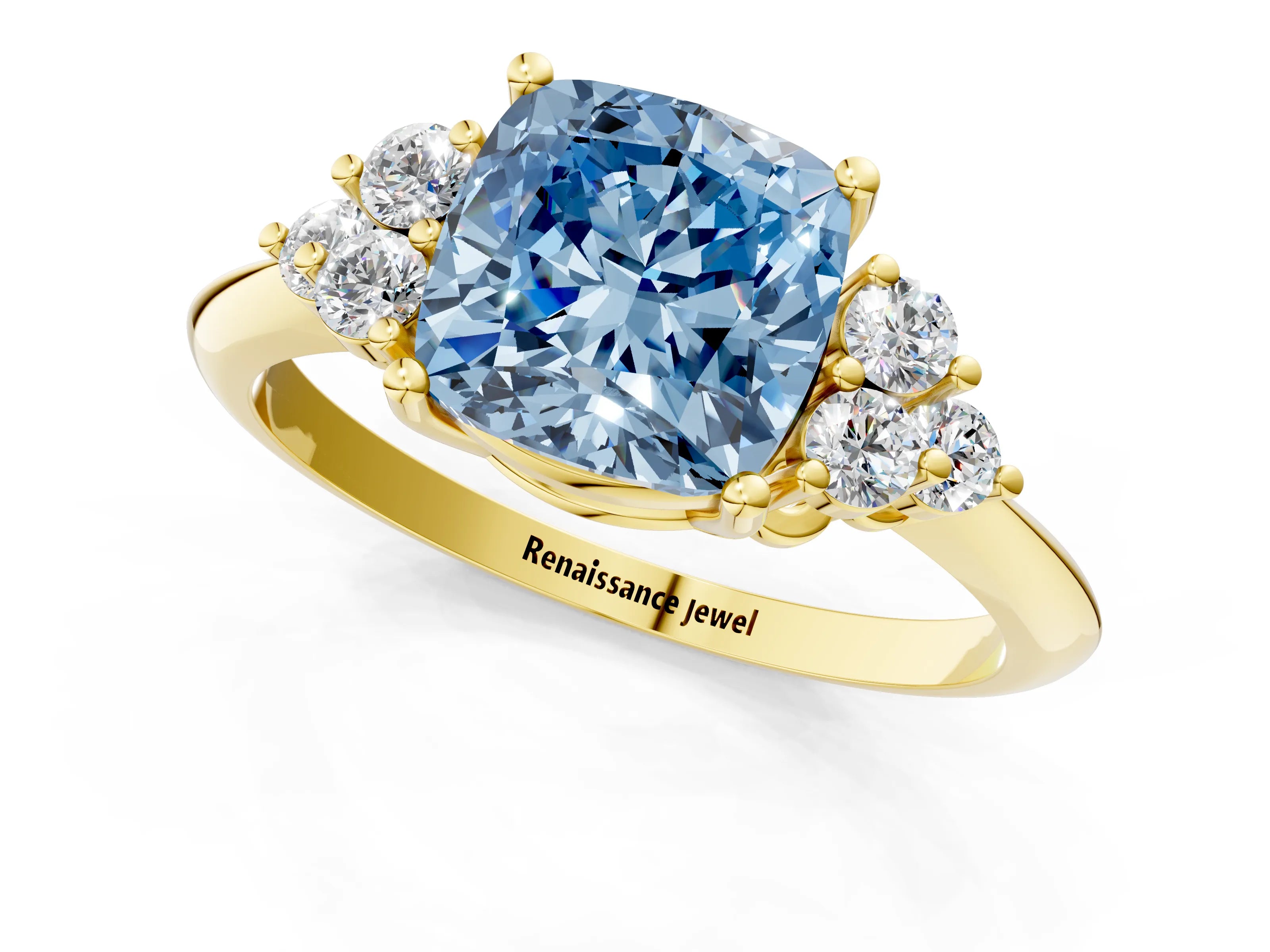 Yellow gold Fancy Blue Cushion Cut Cut Diamond Cluster Ring with Solitaire Band and Four-Prong Setting_13