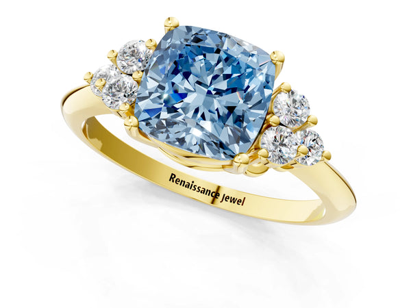 Yellow gold Fancy Blue Cushion Cut Cut Diamond Cluster Ring with Solitaire Band and Four-Prong Setting