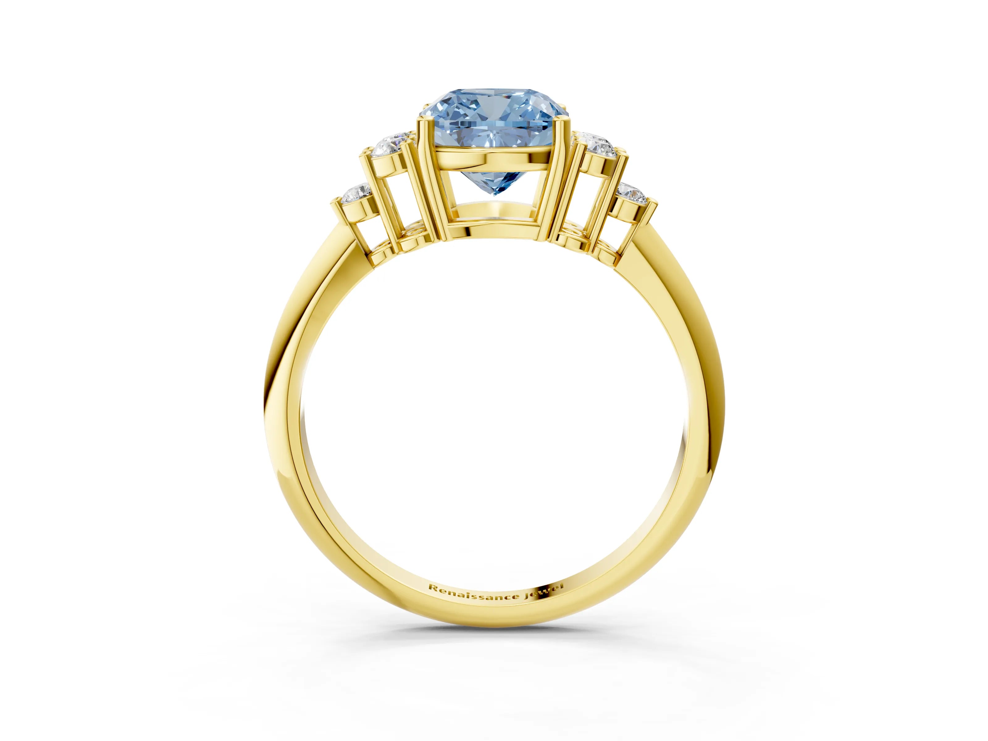 Yellow gold Fancy Blue Cushion Cut Cut Diamond Cluster Ring with Solitaire Band and Four-Prong Setting_15