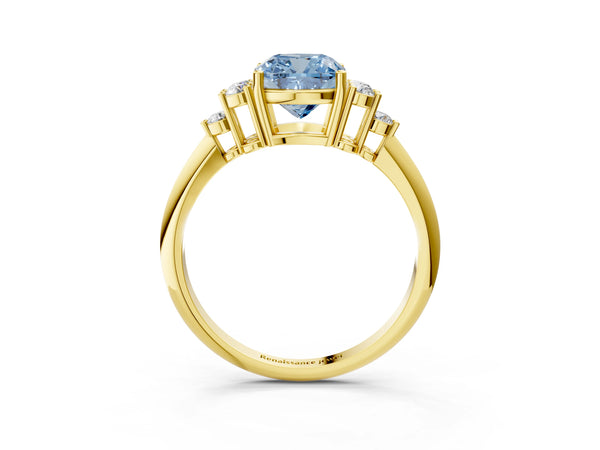 Yellow gold Fancy Blue Cushion Cut Cut Diamond Cluster Ring with Solitaire Band and Four-Prong Setting