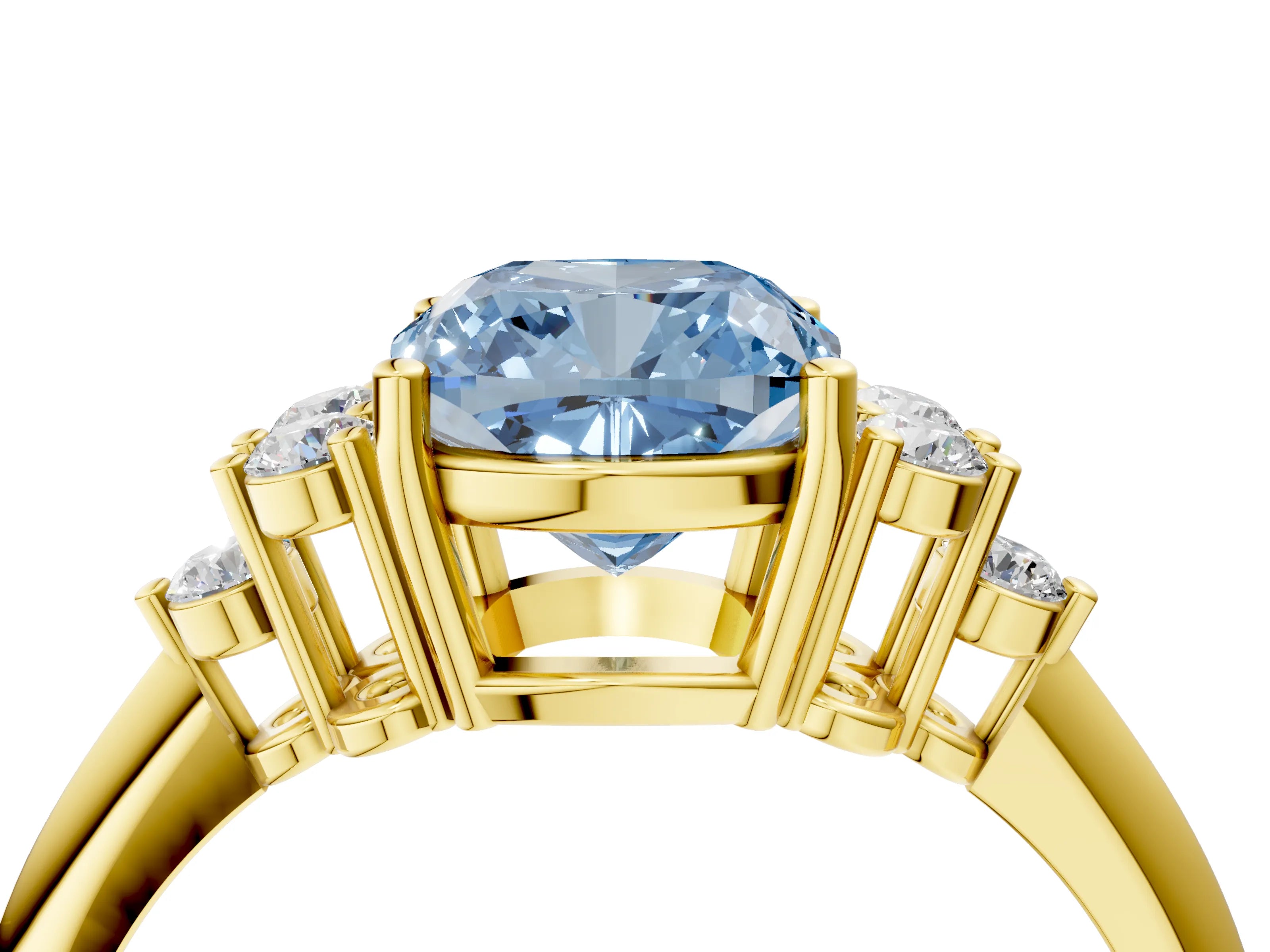 Yellow gold Fancy Blue Cushion Cut Cut Diamond Cluster Ring with Solitaire Band and Four-Prong Setting_16