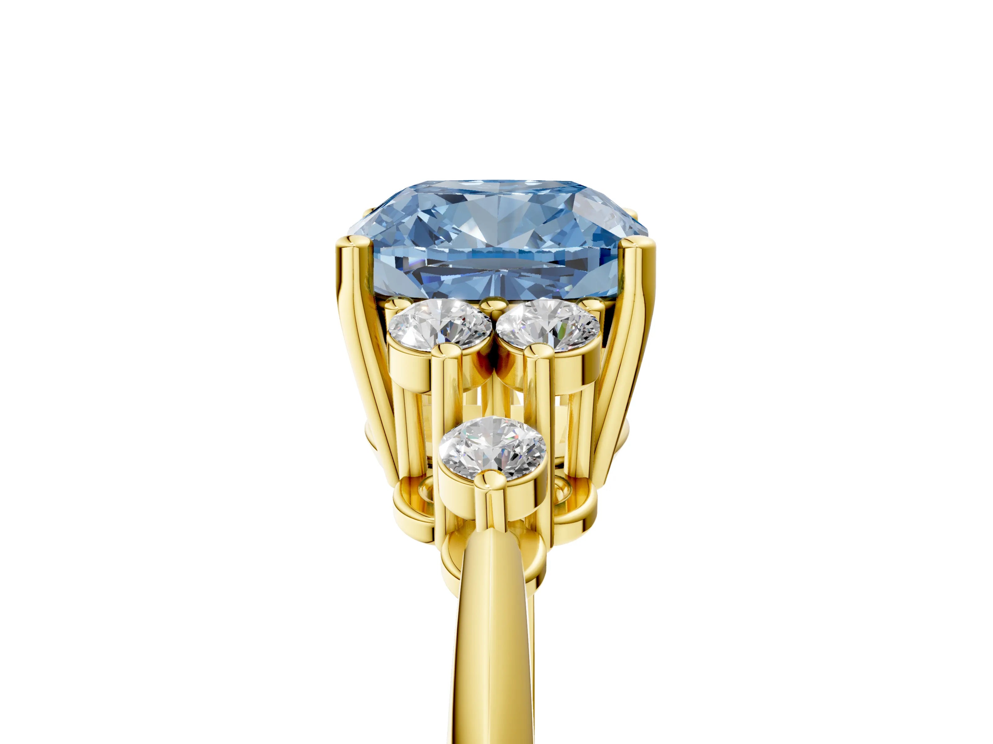 Yellow gold Fancy Blue Cushion Cut Cut Diamond Cluster Ring with Solitaire Band and Four-Prong Setting_17