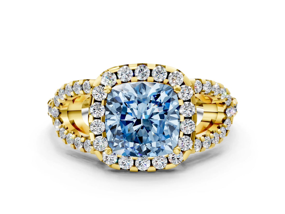 Yellow gold Fancy Blue Cushion Cut Cut Diamond Halo Engagement Ring with Open Split Pavé Band