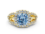 Yellow gold Fancy Blue Cushion Cut Cut Diamond Halo Engagement Ring with Open Split Pavé Band