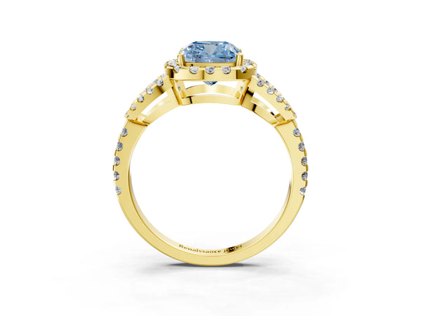 Yellow Gold Cushion Cut Split Shank Pave Halo Engagement Ring Setting for Fancy Blue Center