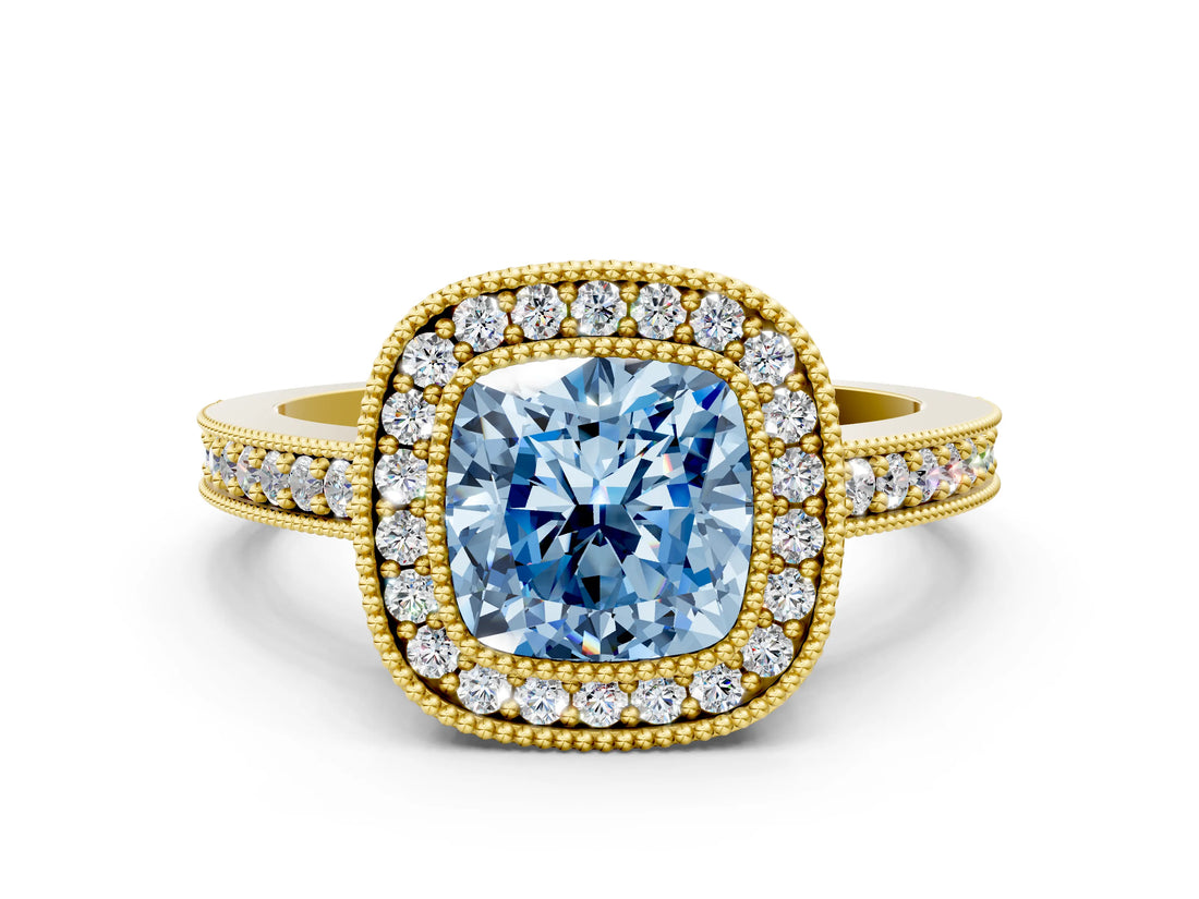 Yellow gold Fancy Blue Cushion Cut-Cut Diamond Halo Engagement Ring with Pave Band and Prong Setting