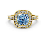 Yellow gold Fancy Blue Cushion Cut-Cut Diamond Halo Engagement Ring with Pave Band and Prong Setting